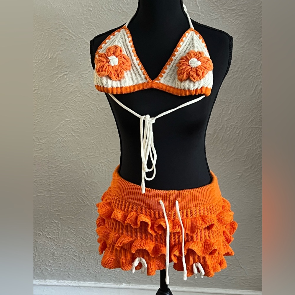 Orange and White Crochet Bikini Set